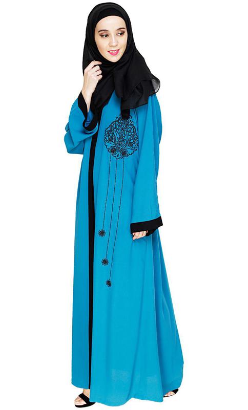 Contrast Embroidered Teal Blue Dubai Style Abaya