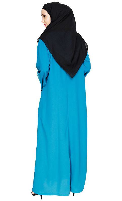 Contrast Embroidered Teal Blue Dubai Style Abaya