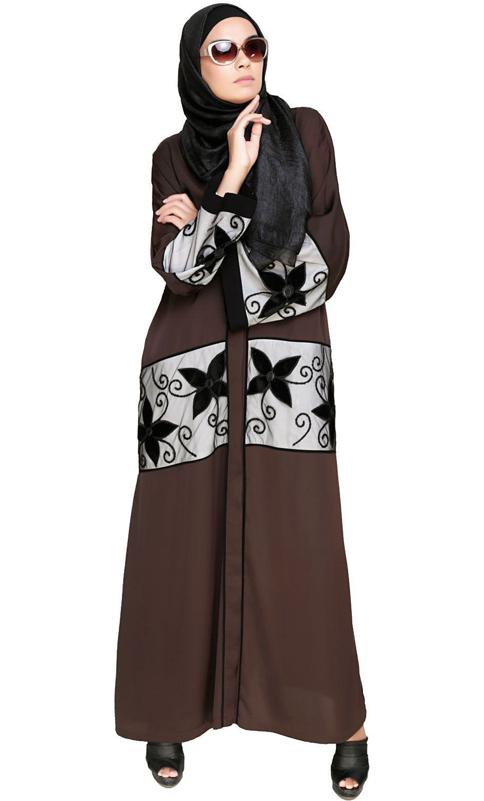 Dark Brown Floral Lace Embroidered Dubai Style Abaya (Made-To-Order)