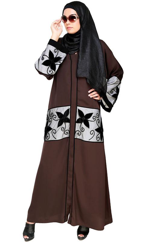 Dark Brown Floral Lace Embroidered Dubai Style Abaya (Made-To-Order)