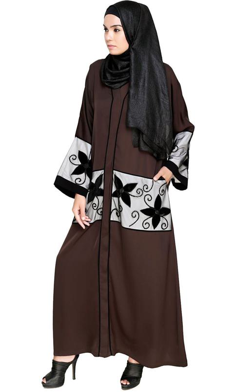 Dark Brown Floral Lace Embroidered Dubai Style Abaya (Made-To-Order)