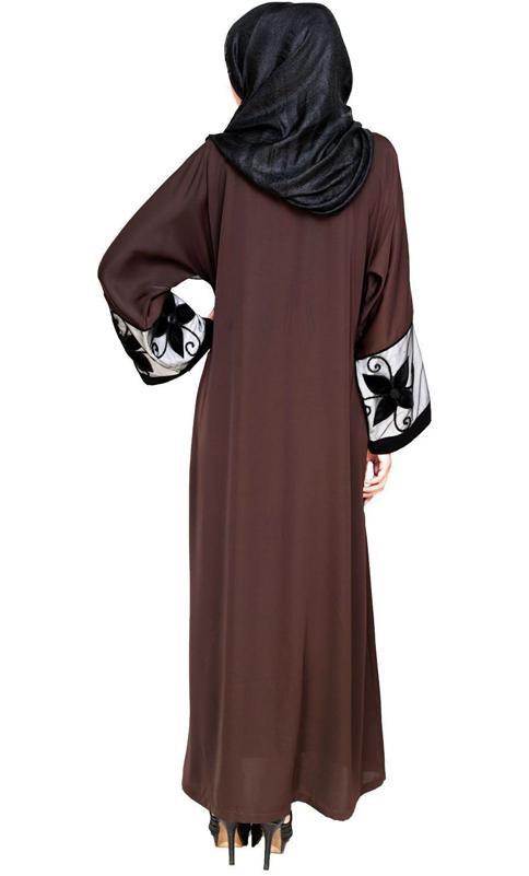 Dark Brown Floral Lace Embroidered Dubai Style Abaya (Made-To-Order)