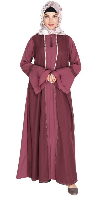 Dark Onion Pink Abaya with Georgette Panel Lined with Pearls