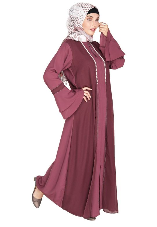 Dark Onion Pink Abaya with Georgette Panel Lined with Pearls