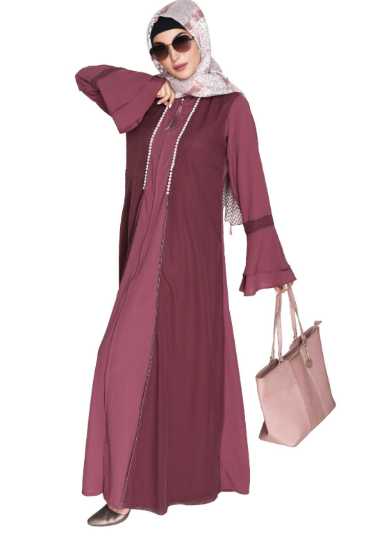 Dark Onion Pink Abaya with Georgette Panel Lined with Pearls