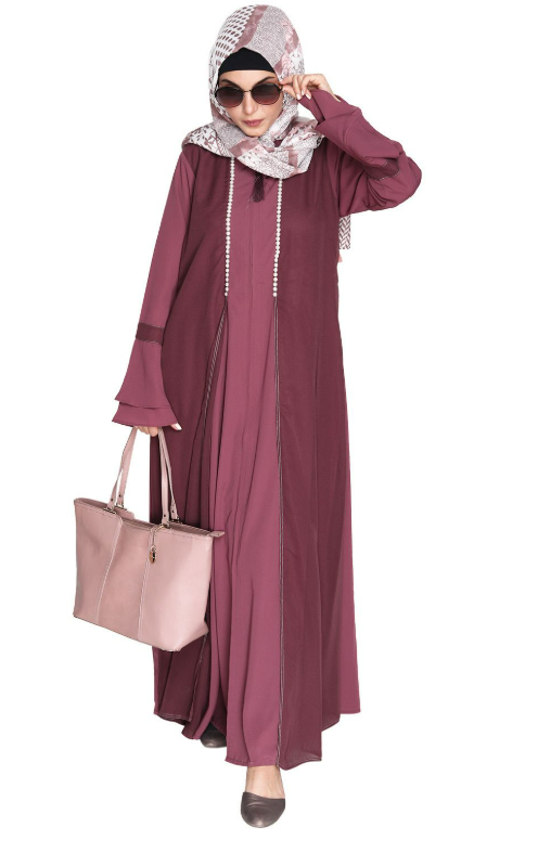 Dark Onion Pink Abaya with Georgette Panel Lined with Pearls