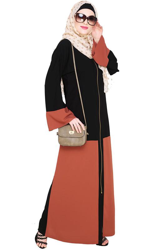 Dazzling Zip-Up Brick Red Abaya (Made-To-Order)