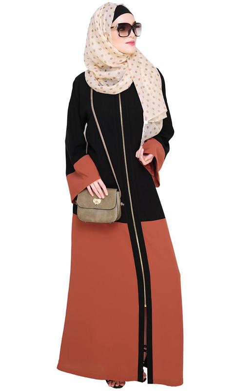Dazzling Zip-Up Brick Red Abaya (Made-To-Order)
