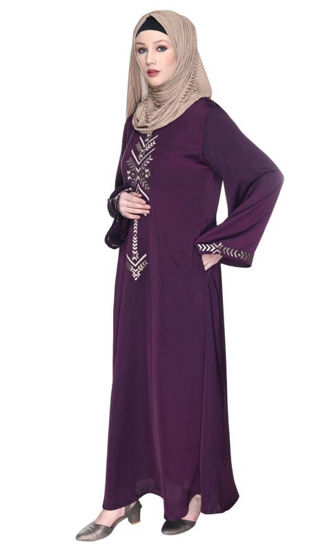 Deep Purple Front Closed Abaya With Angular Embroidery Design