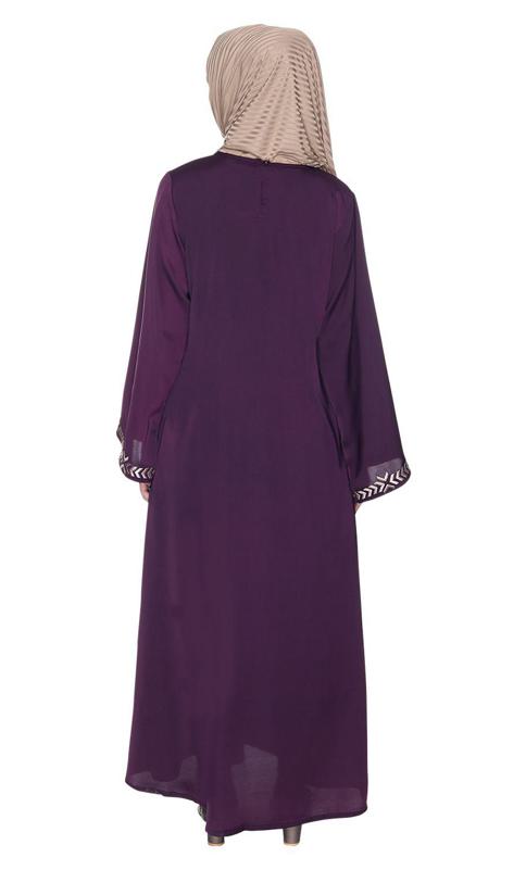 Deep Purple Front Closed Abaya With Angular Embroidery Design