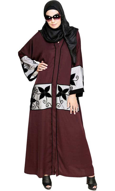 Deep Wine Floral Lace Embroidered Dubai Style Abaya