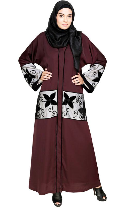 Deep Wine Floral Lace Embroidered Dubai Style Abaya