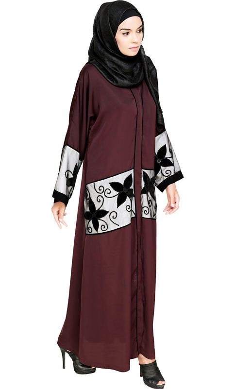 Deep Wine Floral Lace Embroidered Dubai Style Abaya