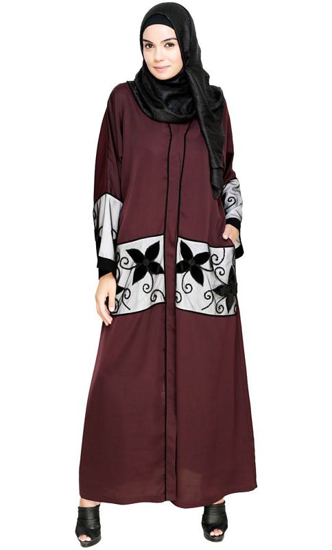 Deep Wine Floral Lace Embroidered Dubai Style Abaya