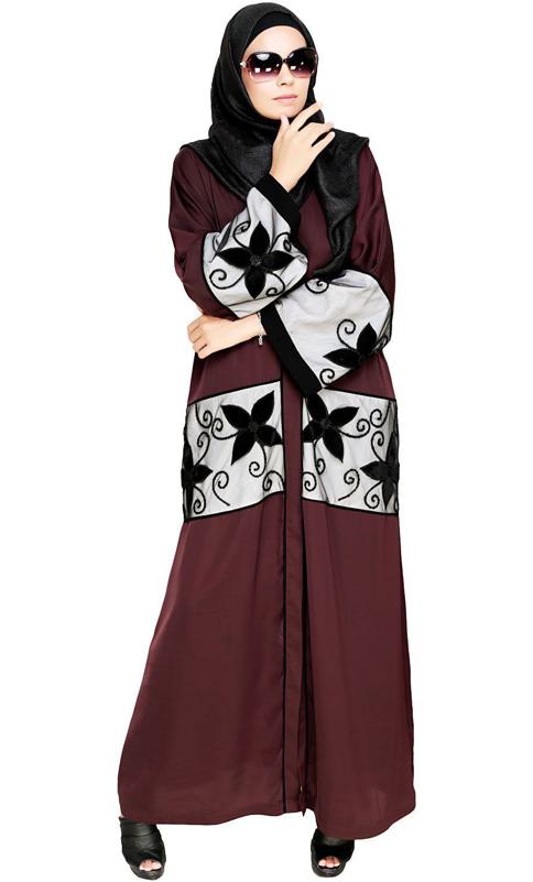 Deep Wine Floral Lace Embroidered Dubai Style Abaya