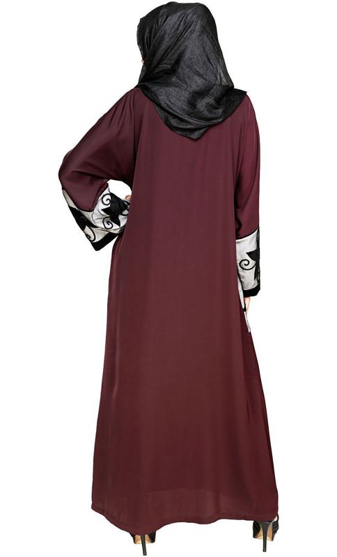 Deep Wine Floral Lace Embroidered Dubai Style Abaya