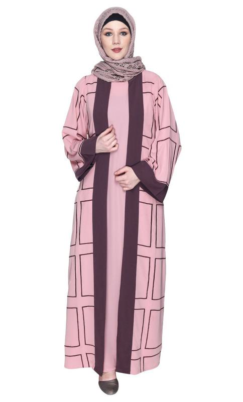 Designer Shrug Style Pink And Brown Closed Abaya