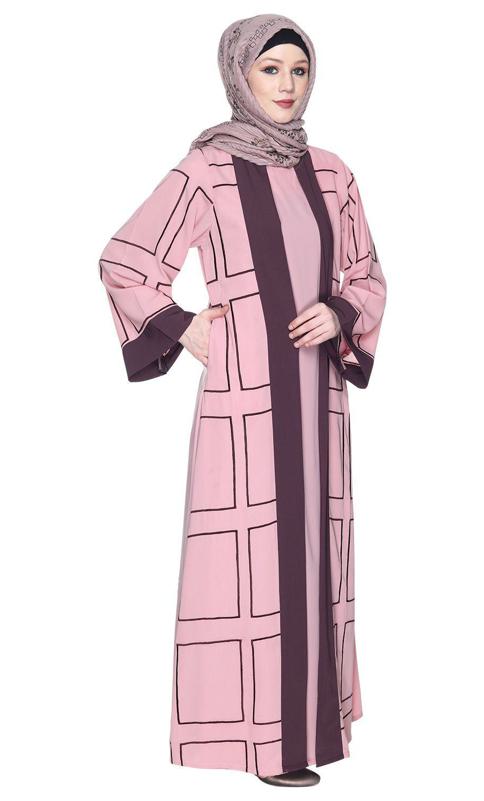 Designer Shrug Style Pink And Brown Closed Abaya