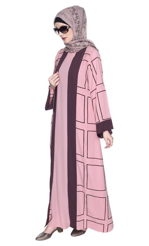 Designer Shrug Style Pink And Brown Closed Abaya