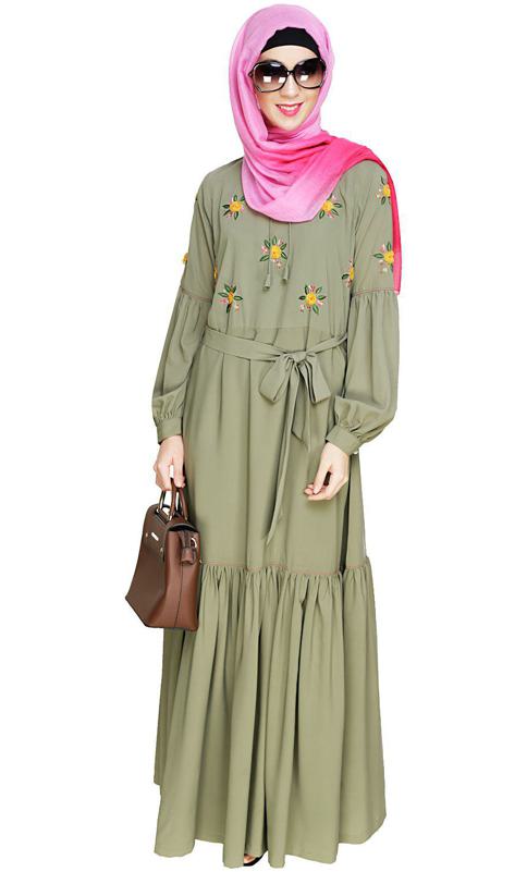 Dreamy Floral Embroidered Dead Mint Abaya
