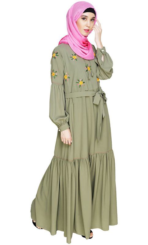 Dreamy Floral Embroidered Dead Mint Abaya