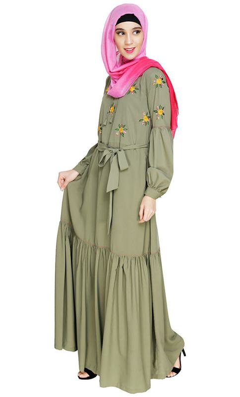 Dreamy Floral Embroidered Dead Mint Abaya