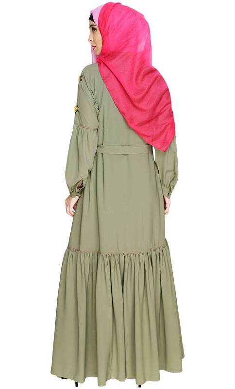 Dreamy Floral Embroidered Dead Mint Abaya