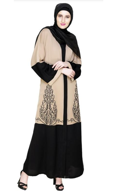 Eden Dubai Style Beige And Black Embroidered Abaya