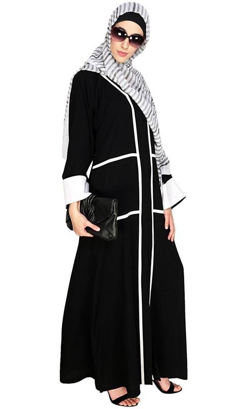 Elegant Black Dubai Style Abaya With White Detailing