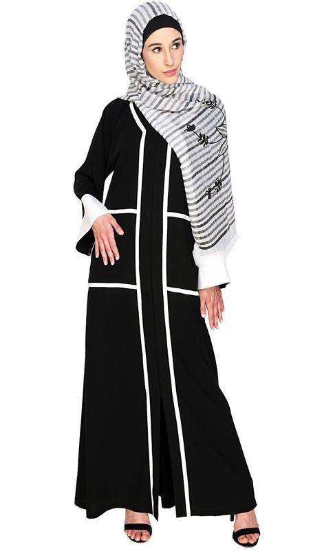 Elegant Black Dubai Style Abaya With White Detailing