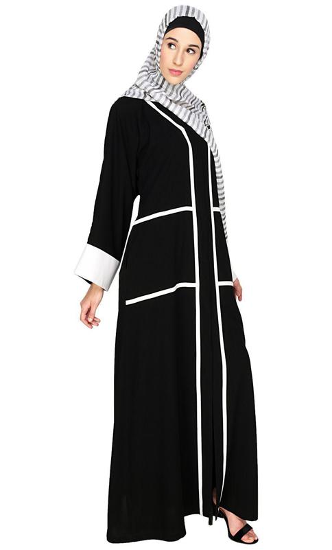 Elegant Black Dubai Style Abaya With White Detailing