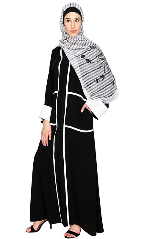 Elegant Black Dubai Style Abaya With White Detailing