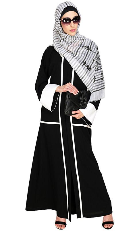 Elegant Black Dubai Style Abaya With White Detailing