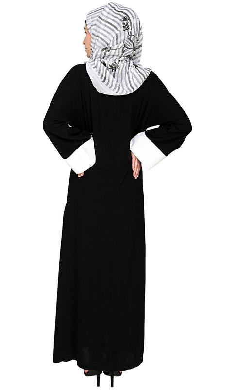 Elegant Black Dubai Style Abaya With White Detailing