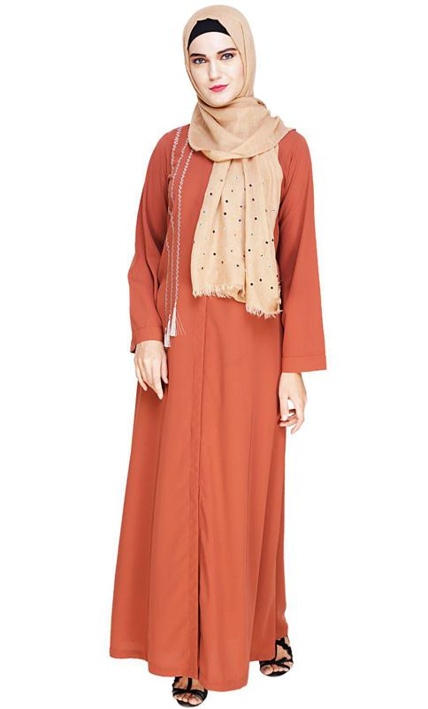 Elegant Brick Red Embroidered Abaya
