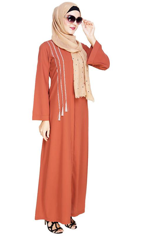 Elegant Brick Red Embroidered Abaya