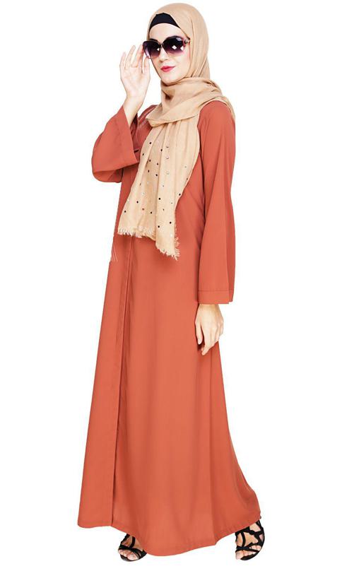 Elegant Brick Red Embroidered Abaya