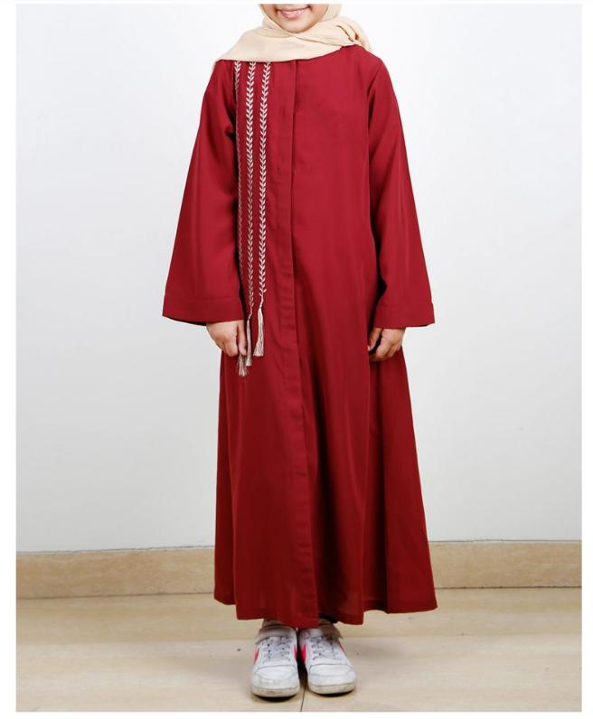 Elegant Brick Red Embroidered Kids Abaya (Made-To-Order)