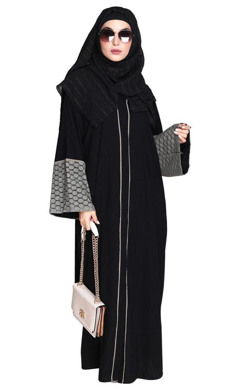 Elegant Crochet Lace Imperial Black Dubai Style Abaya