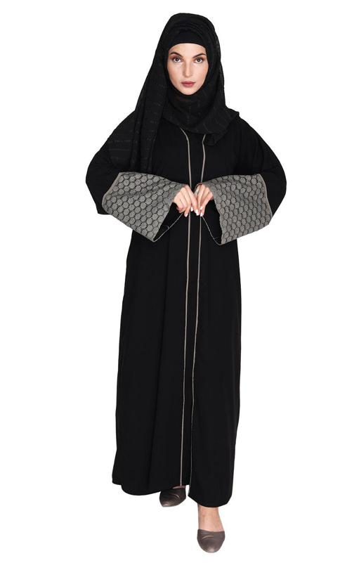 Elegant Crochet Lace Imperial Black Dubai Style Abaya