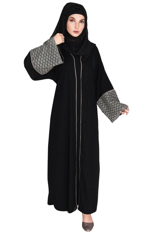 Elegant Crochet Lace Imperial Black Dubai Style Abaya