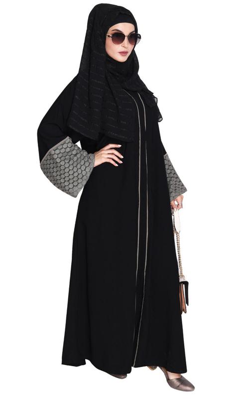 Elegant Crochet Lace Imperial Black Dubai Style Abaya