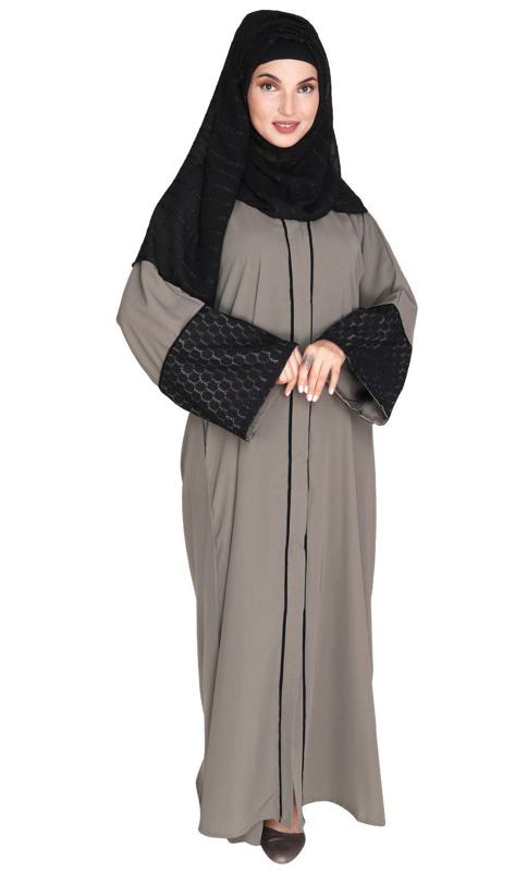 Elegant Crochet Lace Imperial Grey Dubai Style Abaya (Made-To-Order)
