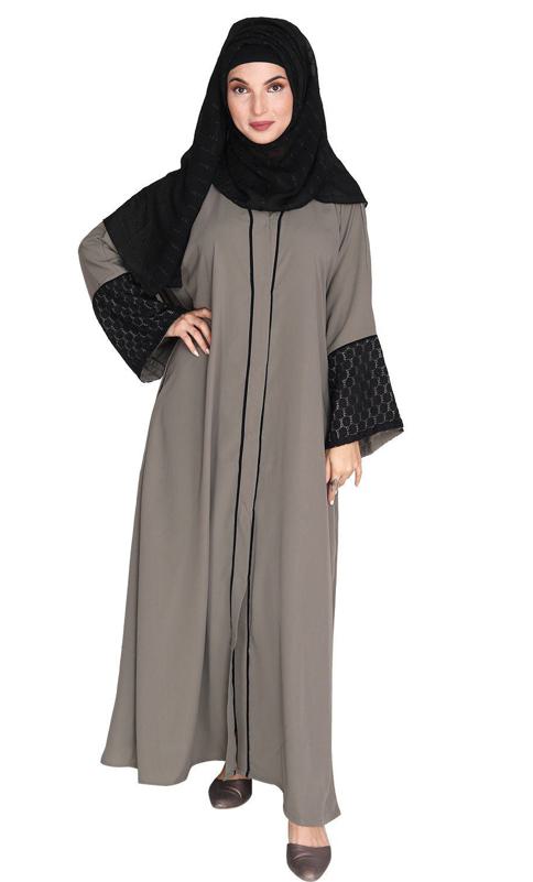 Elegant Crochet Lace Imperial Grey Dubai Style Abaya (Made-To-Order)