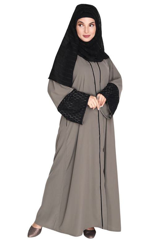 Elegant Crochet Lace Imperial Grey Dubai Style Abaya (Made-To-Order)