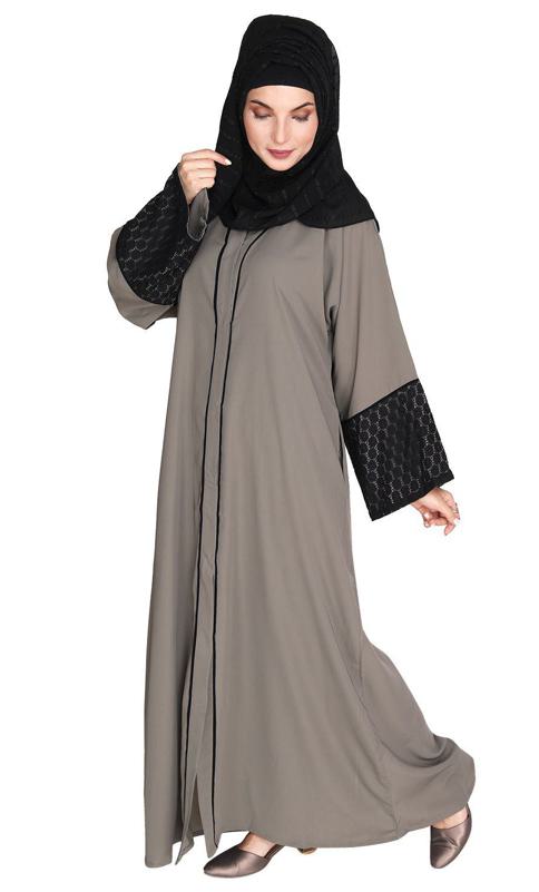 Elegant Crochet Lace Imperial Grey Dubai Style Abaya (Made-To-Order)