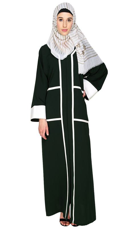 Elegant Green Dubai Style Abaya With White Detailing