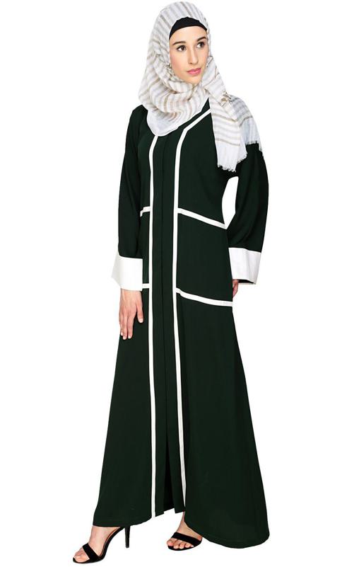 Elegant Green Dubai Style Abaya With White Detailing