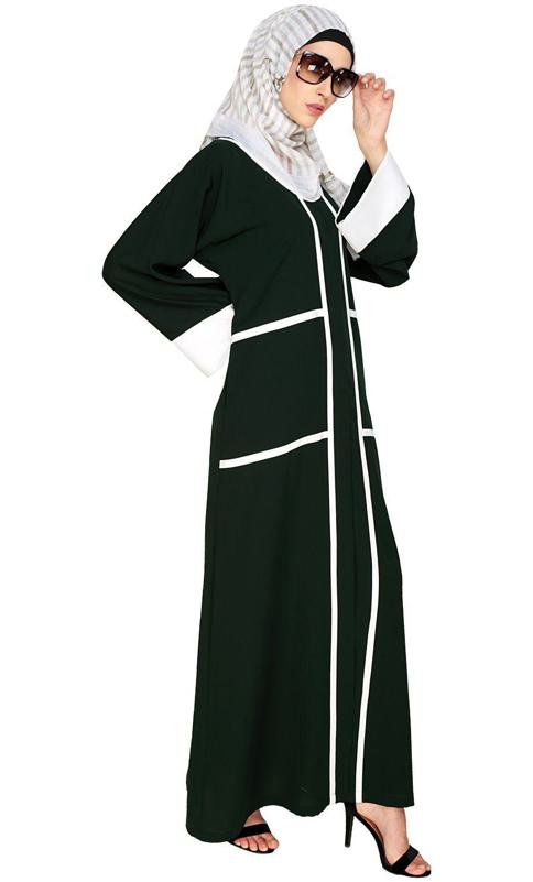 Elegant Green Dubai Style Abaya With White Detailing