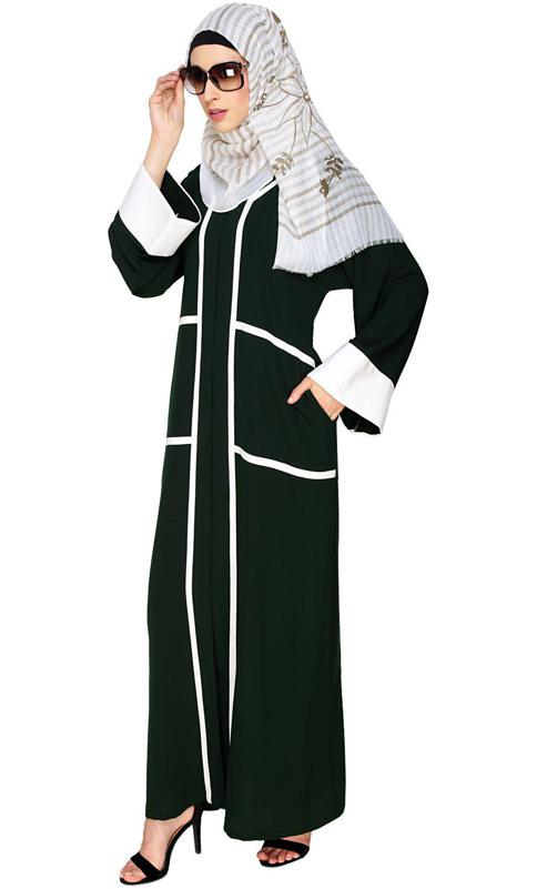 Elegant Green Dubai Style Abaya With White Detailing